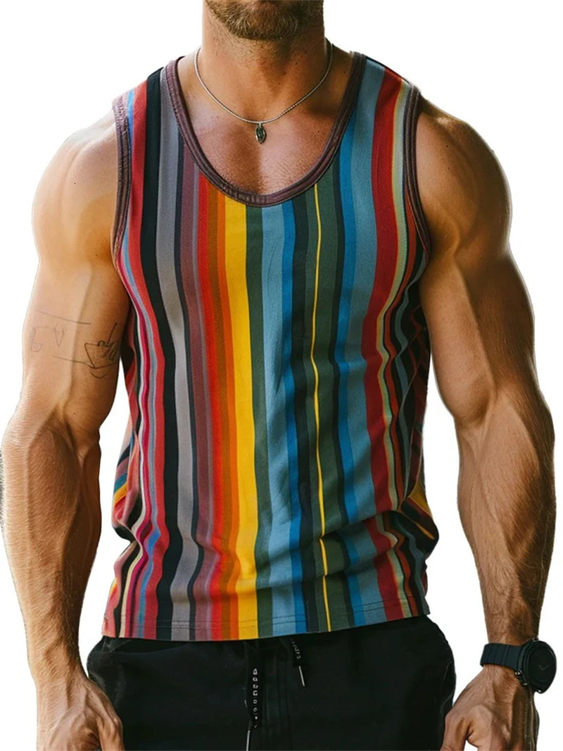 Simple Stripe 3D Printed Tank Tops For Men Fashion Summer Sleeveless Casual Sports Vest Retro Quick Dry Breathable Oversized Tee 250415