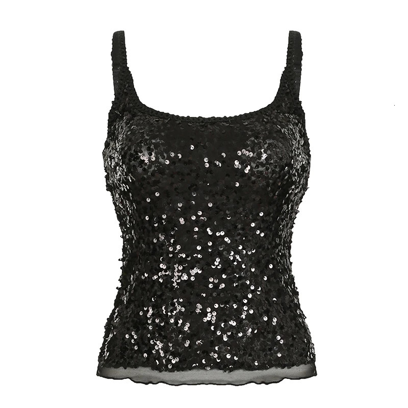 CIBBAR Black Sequined Crop Top Sexy See Through Sleeveless Skinny Club Party Camisole Women Vintage 2000s Tee y2k Aesthetic Vest 250415