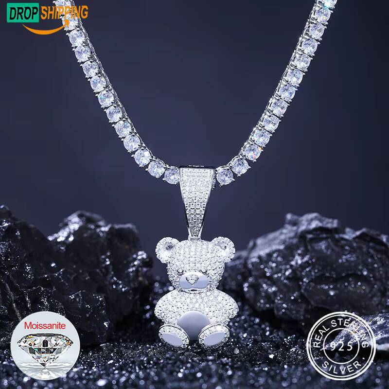 Dropshipping Pass Diamond Tester Moissanite Little Bear Pendant 925 Sterling Silver VVS Diamond Iced Out Hip Hop Cartoon Pendant