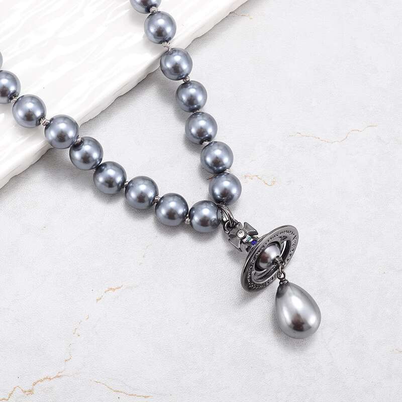 Empress Dowager Xi's Single Layer Gray Pearl Necklace With Three Dimensional Saturn UFO Water Droplet Pendant, Light And Clavicle Chain For Women