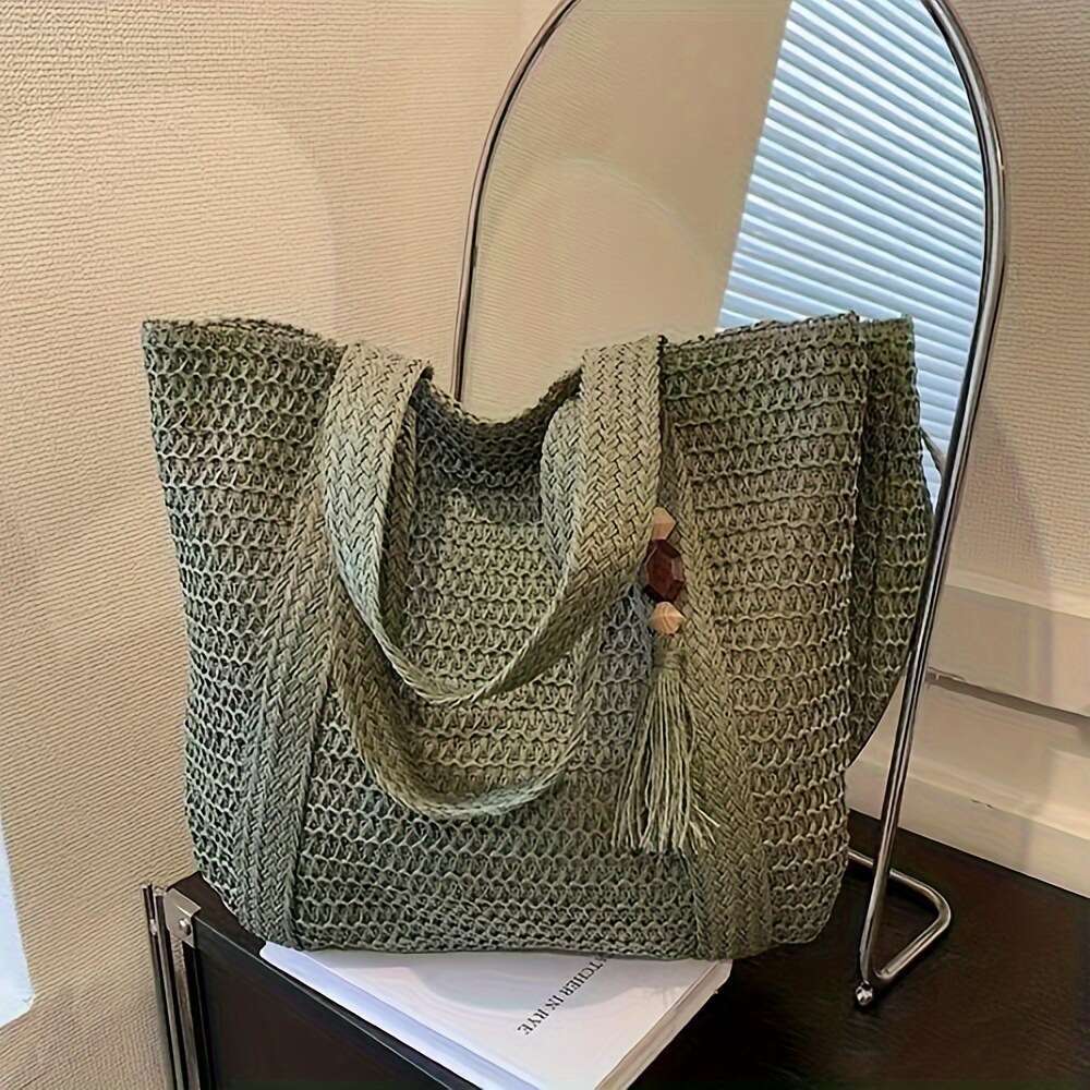 Handmade Beach Bag Woven Solid Color Grass Casual Woven Large Capacity Tote Vacation Beach Bag, Women's Bag Kq2
