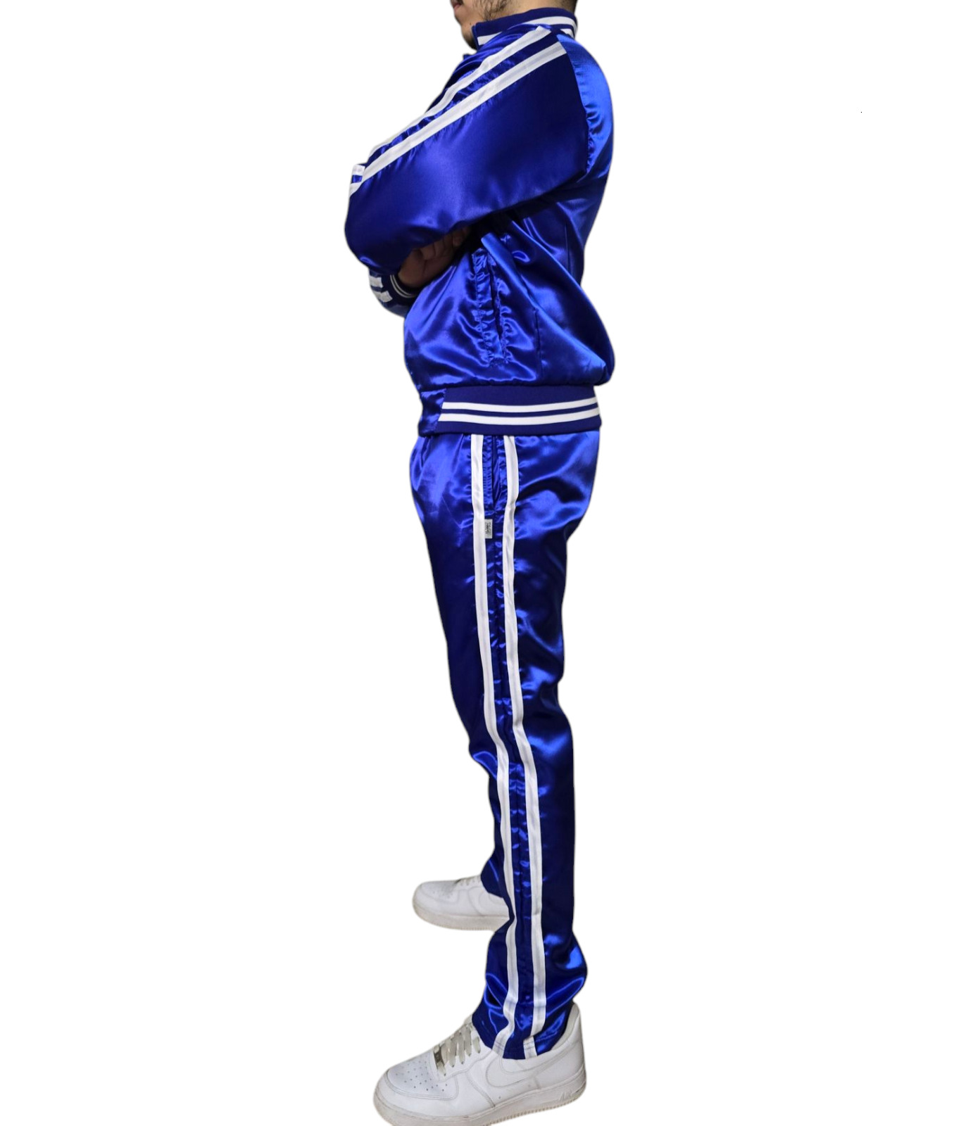 Blue Shiny Royal Satin Tracksuit with White tripes for men and women