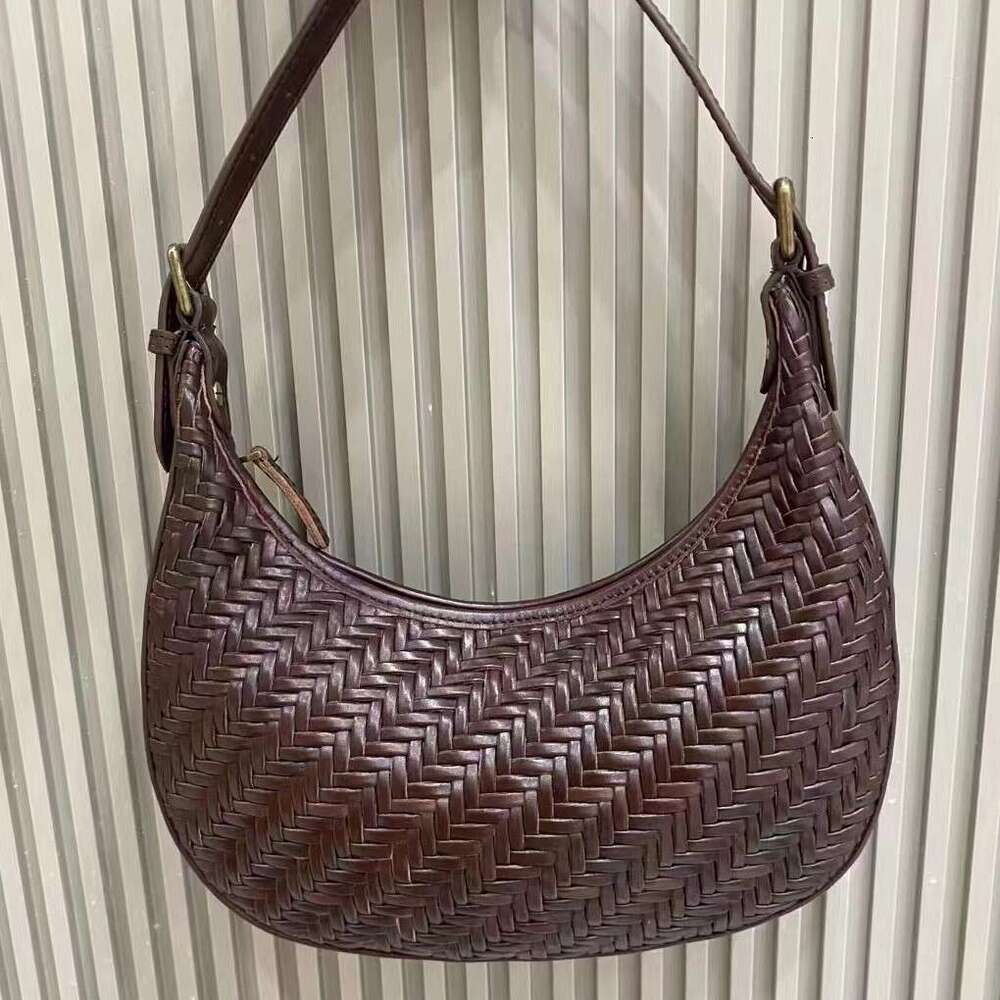 Mm Women's Bags Handmade Woven High-Quality French Handbag, Top Layer Cowhide, Armpit Half Moon Bag, Genuine Leather Women's Bag