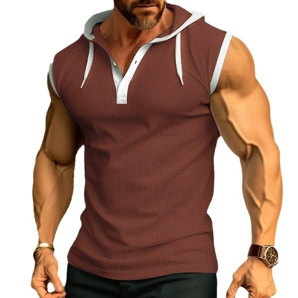 2025 Summer New Sleeveless Men's Casual Top Solid Color Hooded Combo Shoulder Vest