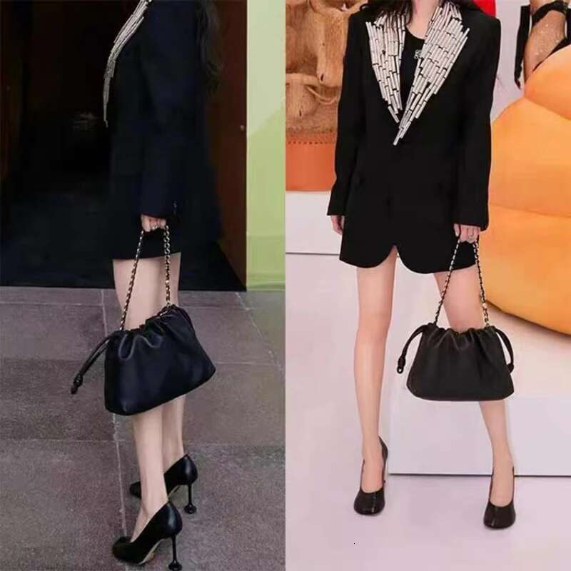 Chain Drawstring Handbags For Women Design Cloud Shoulder Genuine Leather Soft Dumpg Bucket Bag Elegant Purse Lady