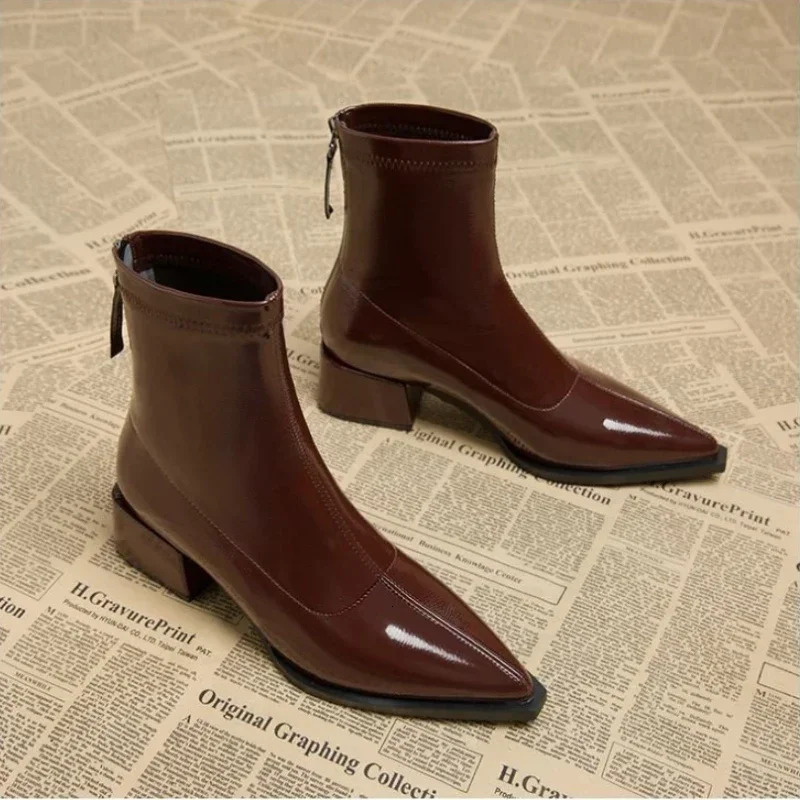 Women Ankle High Heels Chelsea Boots Pointed Toe Shoes er Pumps Winter 2024 Shoes Women Motorcycle Boots 250407