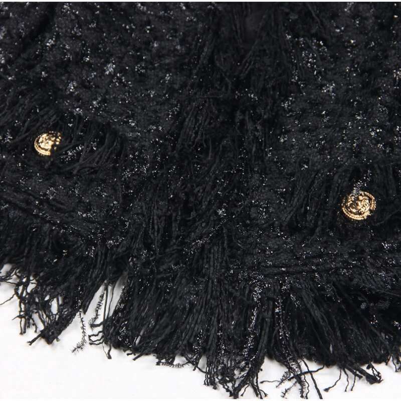 2024 Spring Autumn Black Tweed Edging Cardigans Long Sleeves Collarless Sweater Ladies Gold Buttons Tops Women