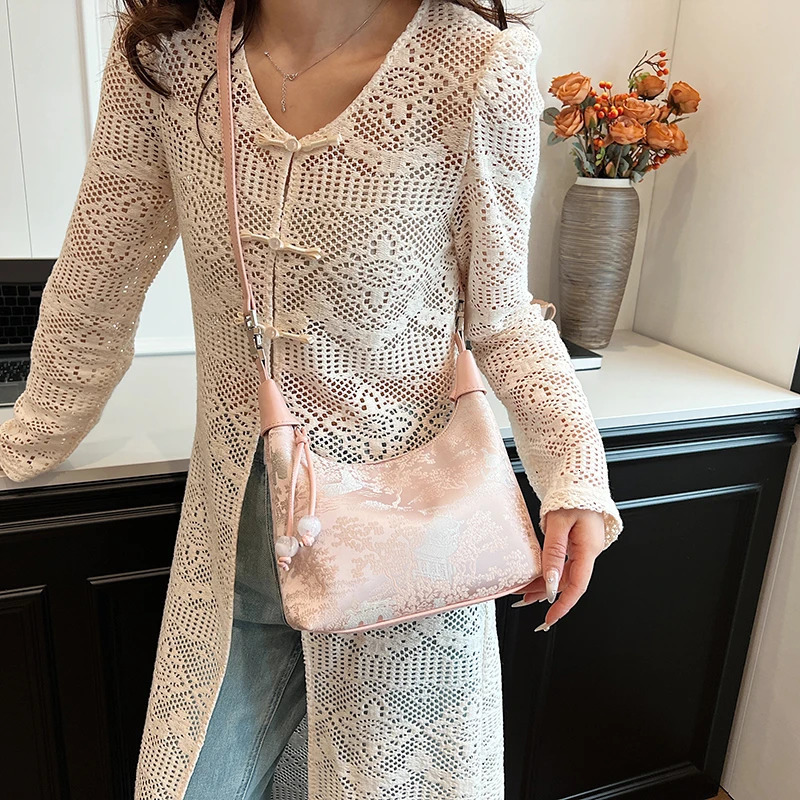 Chinese style womens top handle handbag silk fabric embroidered shoulder cross body bag wallet and handbag 250410