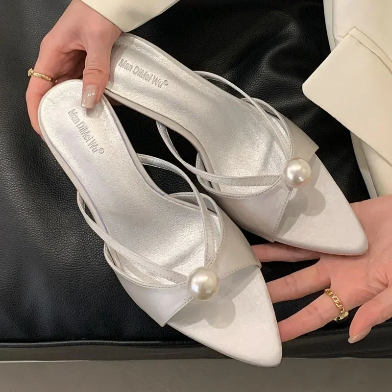 Summer Open Womens Lace Sexy Dot Lace Sandals Elegant Pearl Decoration Thin High Heels 250411