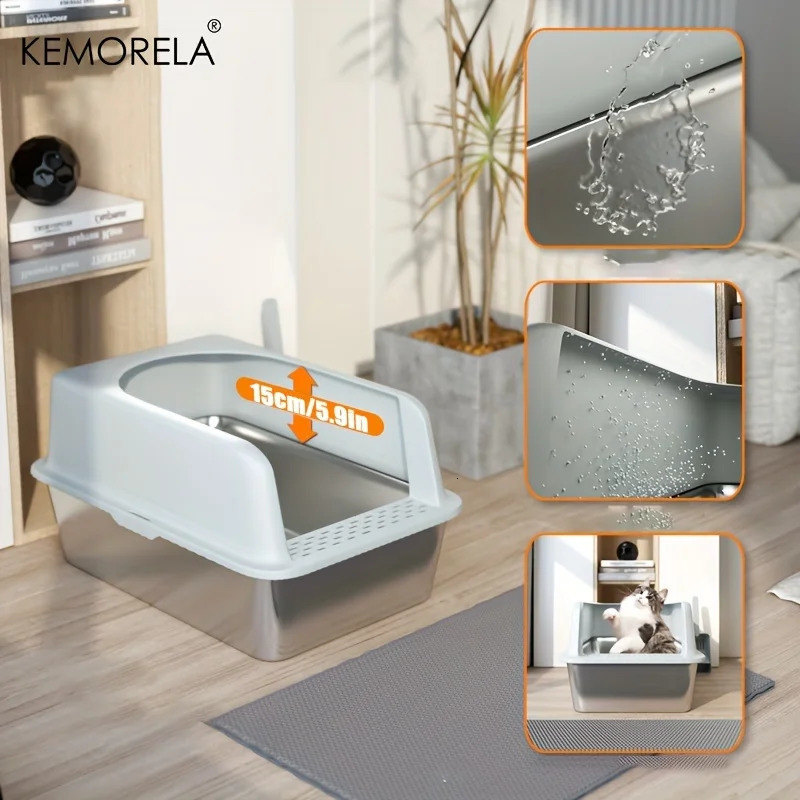 Stainless Steel Litter Box With Litter Mat And Scoop ABS Lid High Side Large Closed Metal Litter Box Suitable For Large Cats 250414