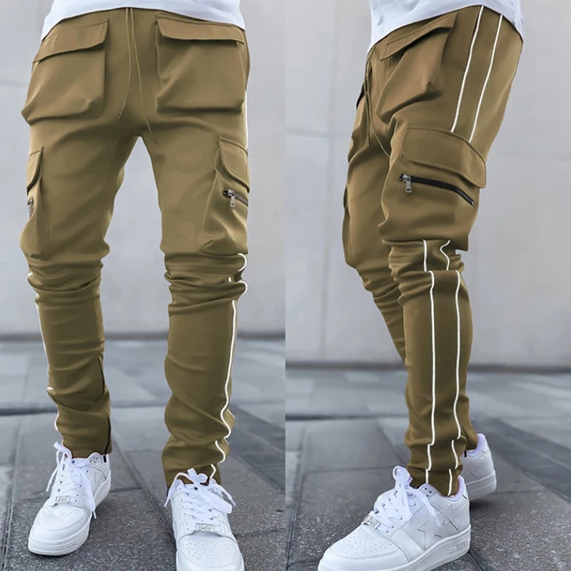 Summer Mens Jogging Sports Pants Multi-Pocket Sweatpants Running Trousers Mens Casual Joggers Cargo Reflective Hip Pop Pants 250415