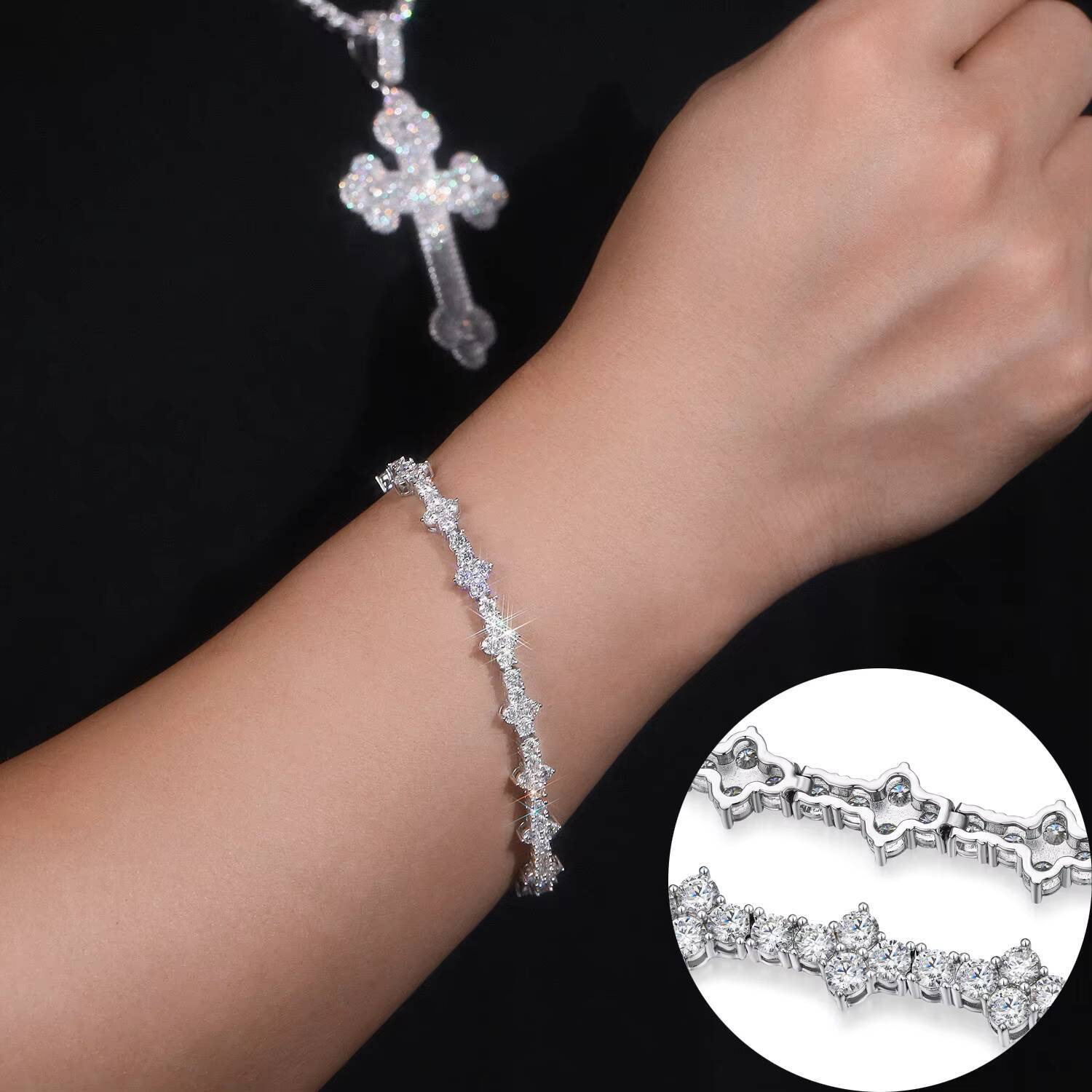 Stylish Fashion Femme Design 925 Sterling Silver VVS Moissanite Diamond Iced Out Four Leaf Clover Cross Tennis Chain Bracelet