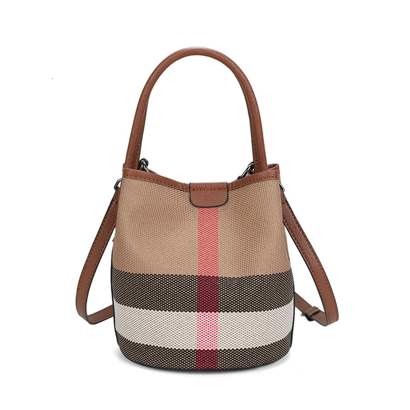 2025 New High-End Plaid Leather Bucket Baozi Mother Fashionable And Versatile Women's Bag, Hand-Held Single Shoulder Diagonal Cross Bag