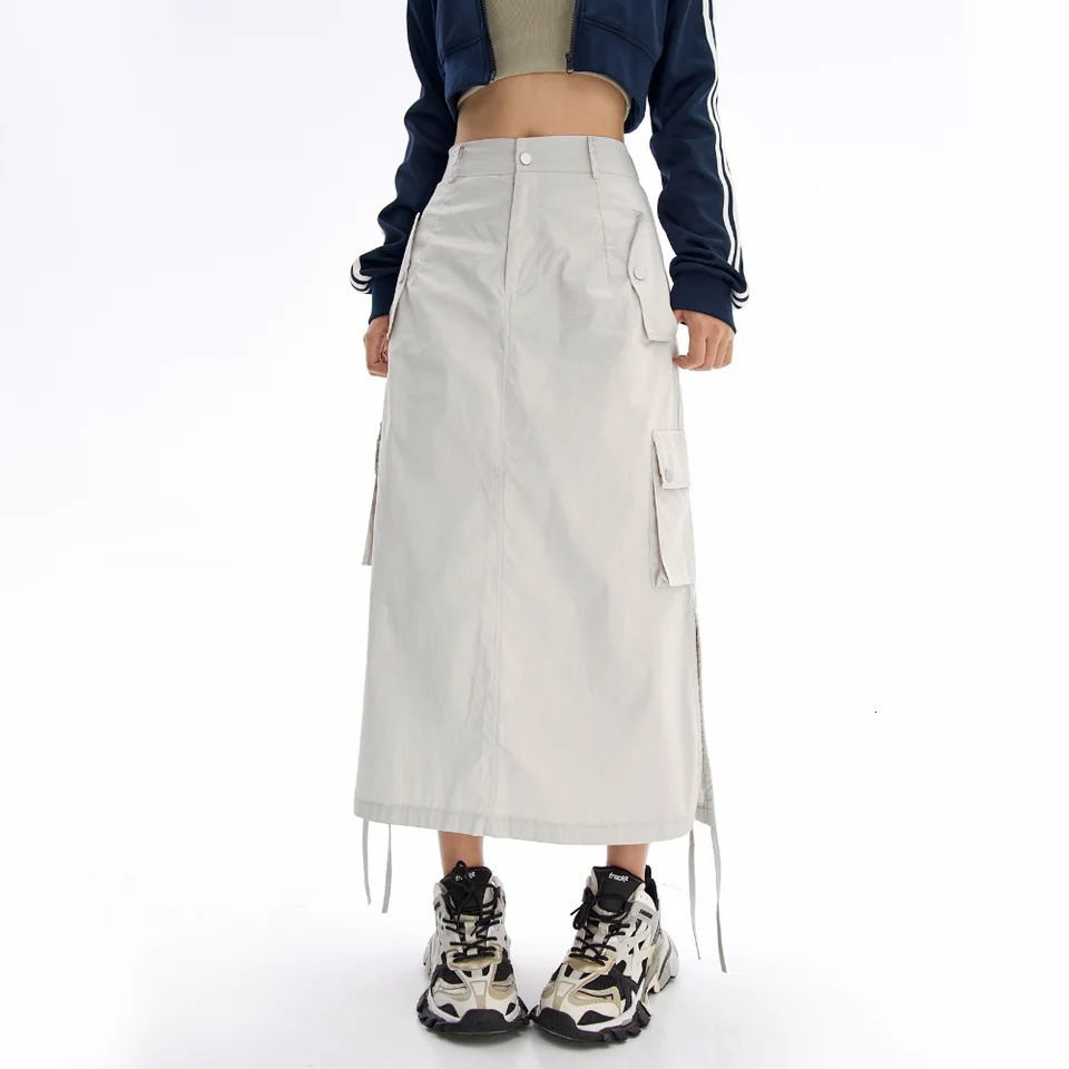 Y2k Cargo Midi Skirts Women Retro Streetwear Pocket High Waist Side Split Shirring Straight Long Skirt 250409