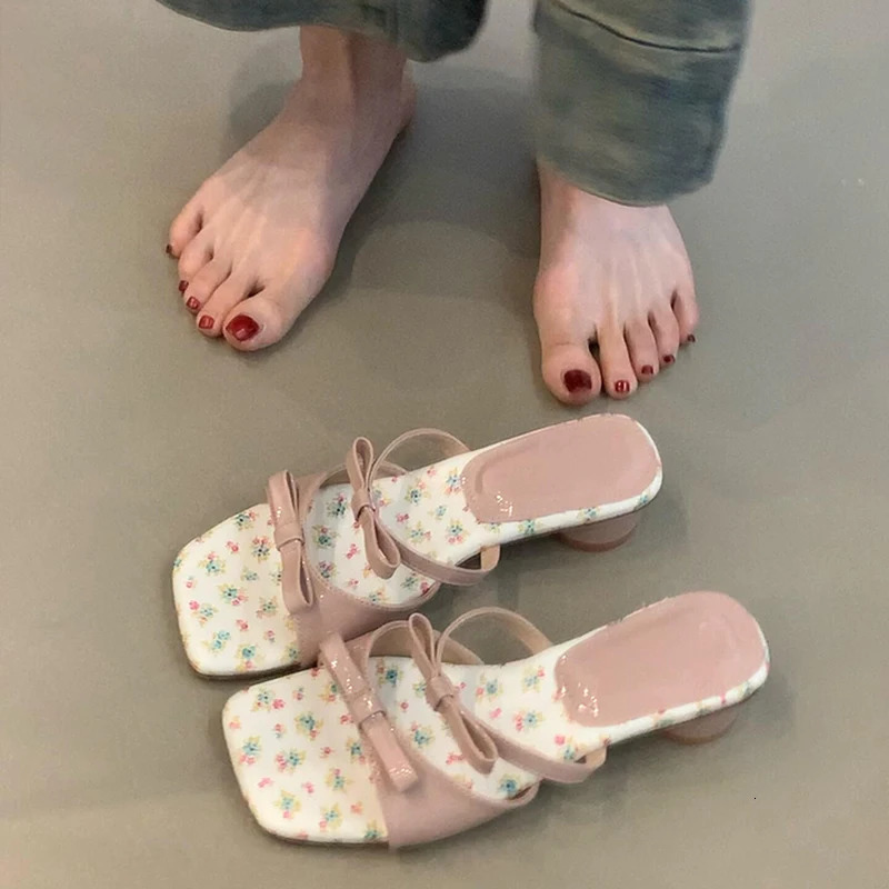 Summer Womens Square Toe Low Heels Slippers Concise Butterfly-knot Slides Party Wedding Candy Color Female Shoes 250411