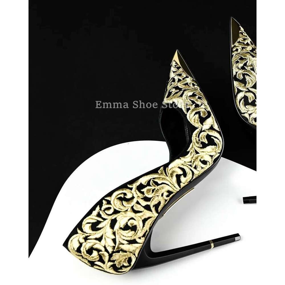 2024 Roman Embroidery Pointed Toe Stiletto High Heel Women's Pumps Gold Designer Versatile Dress Banquet Wedding Shoes