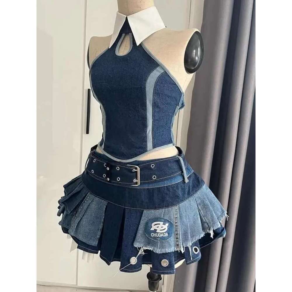 Spice Girl Retro Splicing Neck Tube Top Irregular Multi-Layer Denim Tutu Skirt Versatile Two-Piece Set For Women