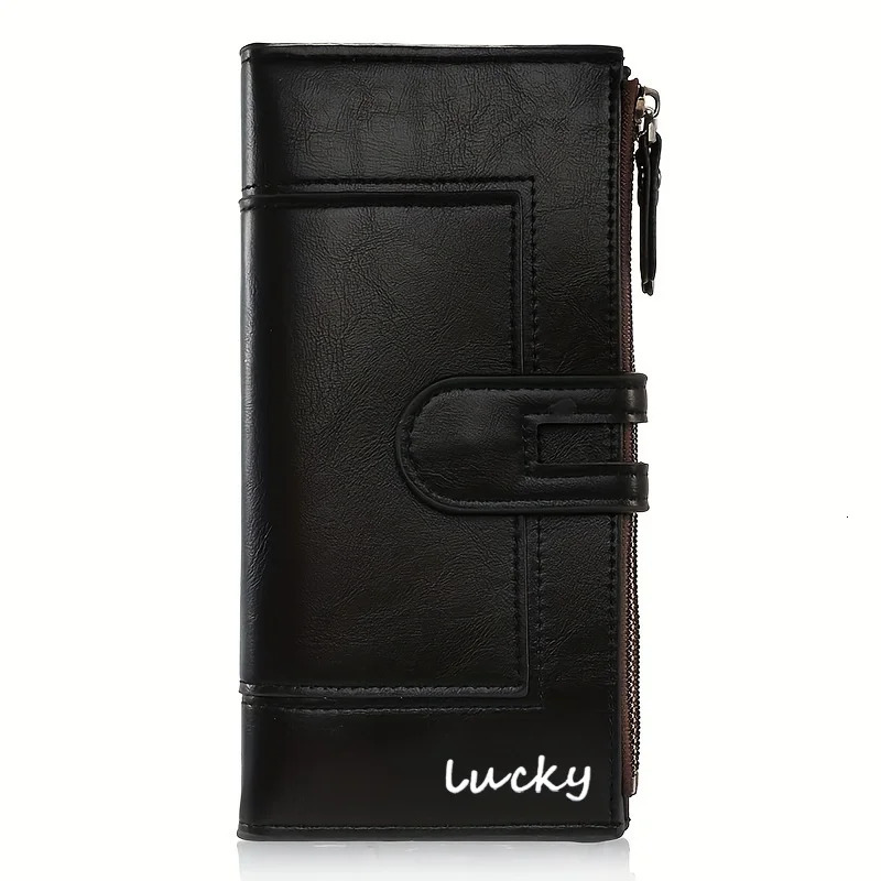 Solid color PU long wallet dual zipper and magnetic buckle lightweight coin wallet smallest retro style wallet 250410
