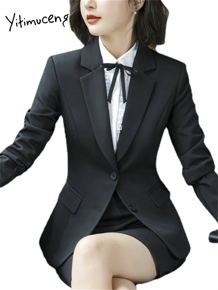 Yitimuceng Office Womens Pants Set Long Sleeve Single Chest Ultra Thin Formal Jacket Set 2-piece Set 250410