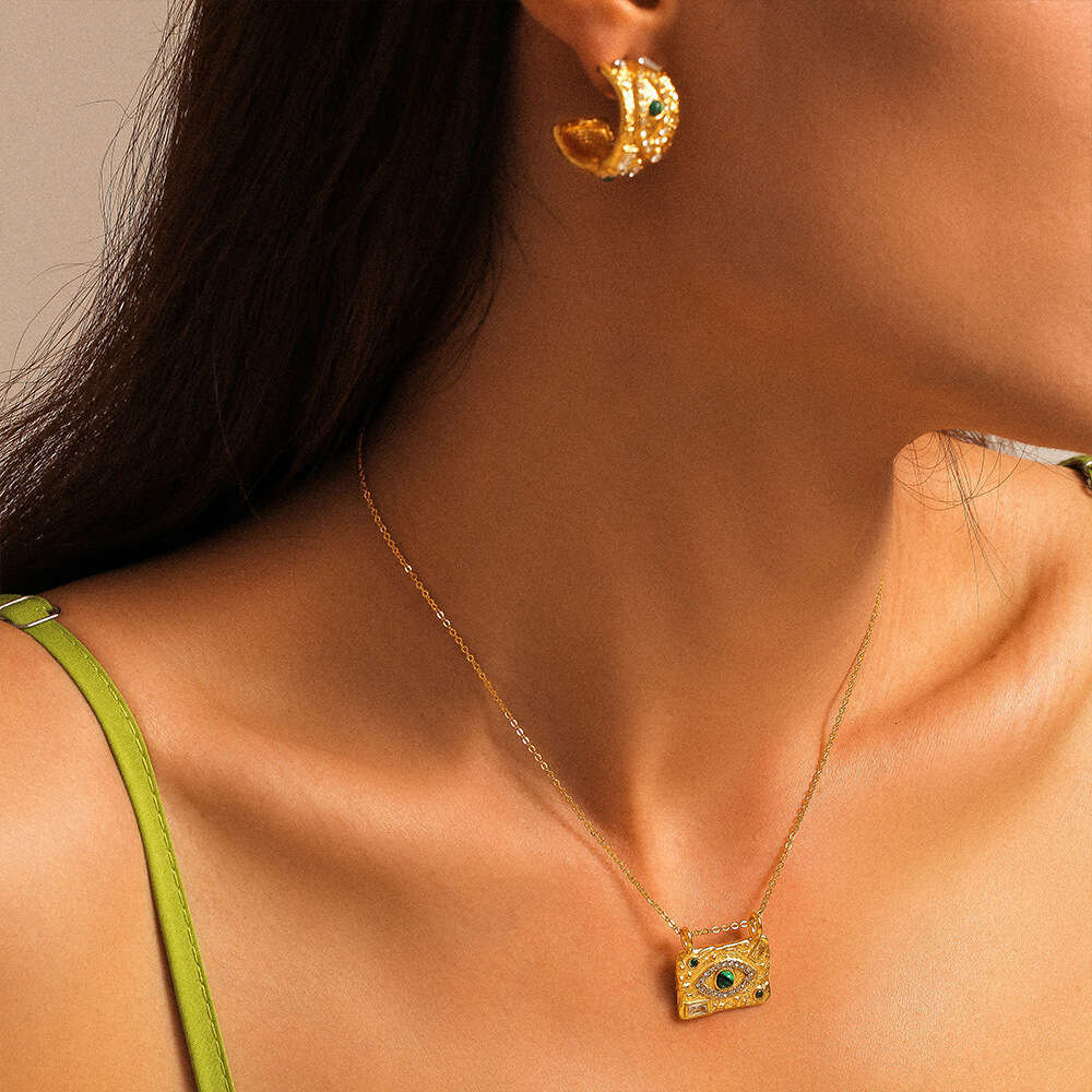 Texture Devil's Eye Square Pendant Necklace Ring Earrings Open Bracelet Titanium Jewelry Set