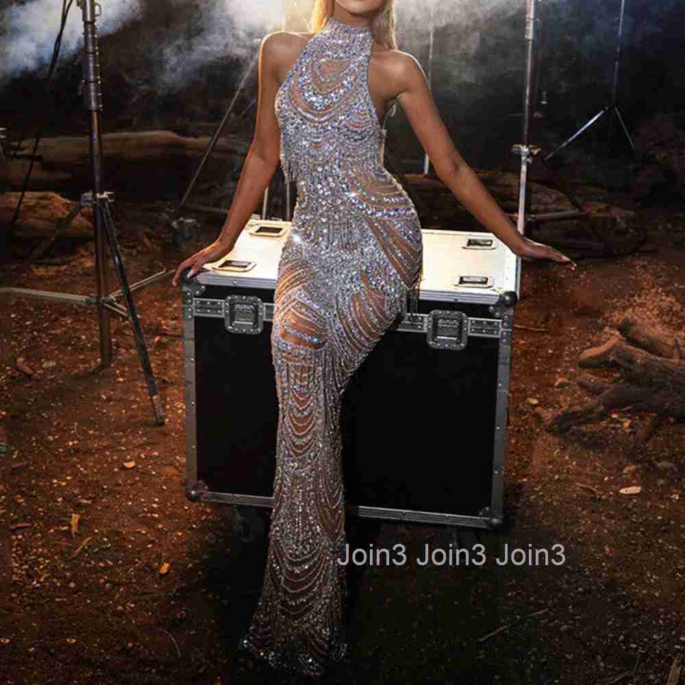 2025 Spring New Womens Dress Hanging Neck Dress Perspective Glitter Sexy Long Dress