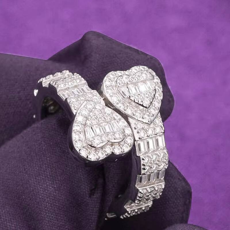 GRA D Color Bling Moissanite Iced Out Mens Cluster Split Baguette Heart Ring With 925 Sterling Silver Pass Diamond Tester