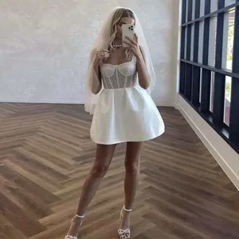 New Illusion Satin Mini Short Evening Dress 2025Spaghetti Backless Pearls Beaded Cutaway Sides Women Prom Formal Party Gowns Robe De Soiree