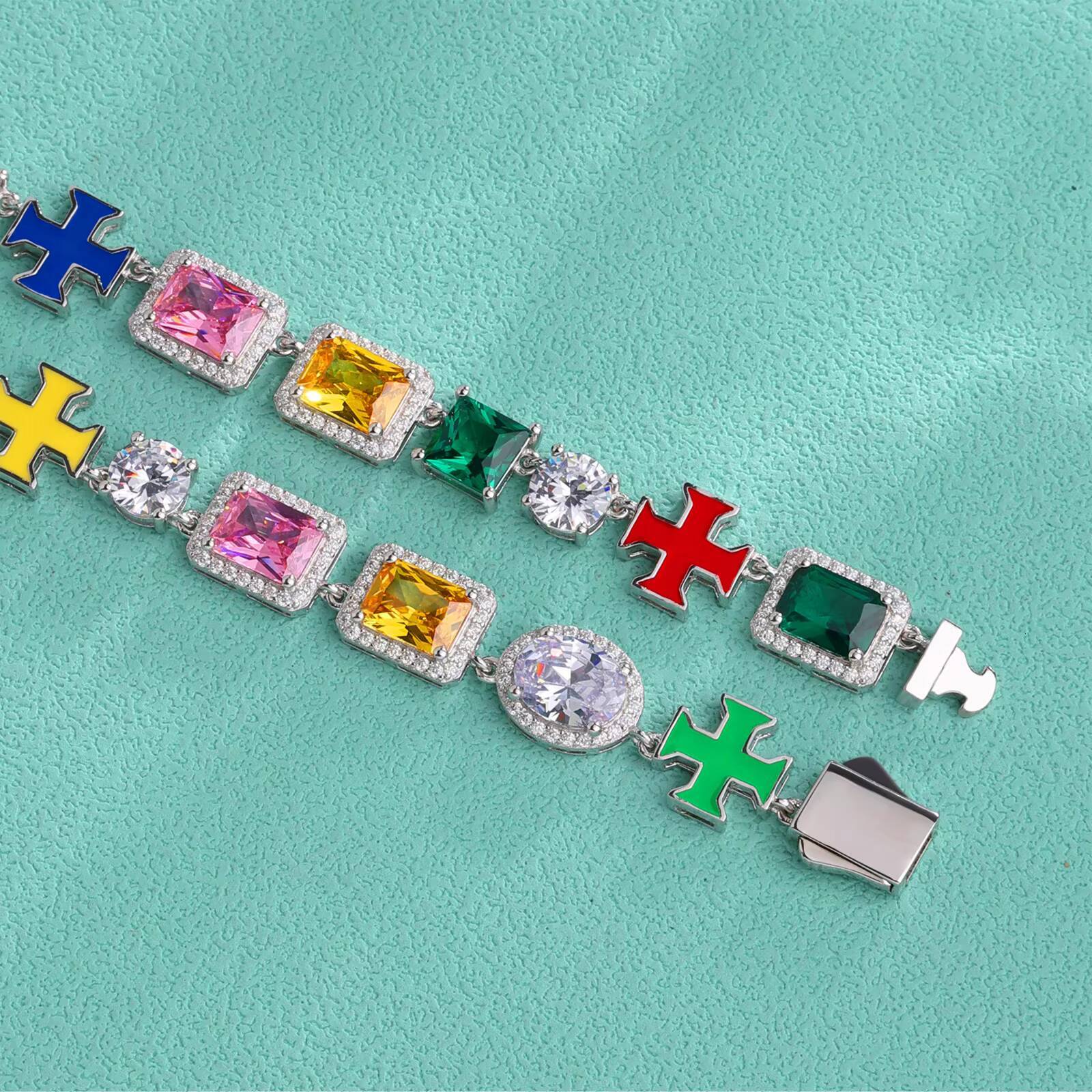 Elegant Rhodium Plated Sterling Silver Tennis Chain Necklace Gemstone Cross with CZ Enamel Accents for Wedding or Gift