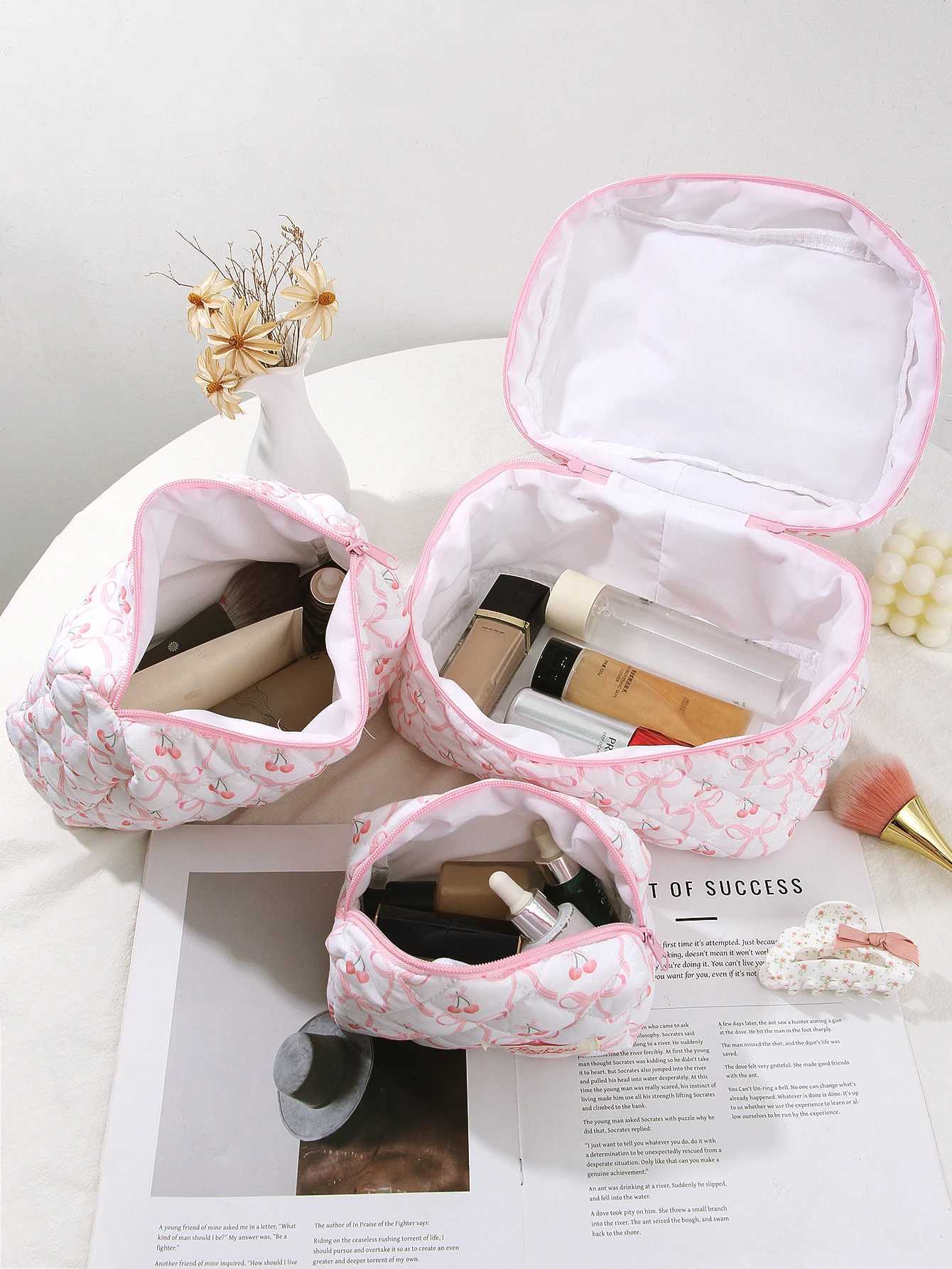 1 piece/set of pink bow tie and cherry print quilted large capacity makeup bag customizable portable makeup bag for girls travel makeup bagXJ250415