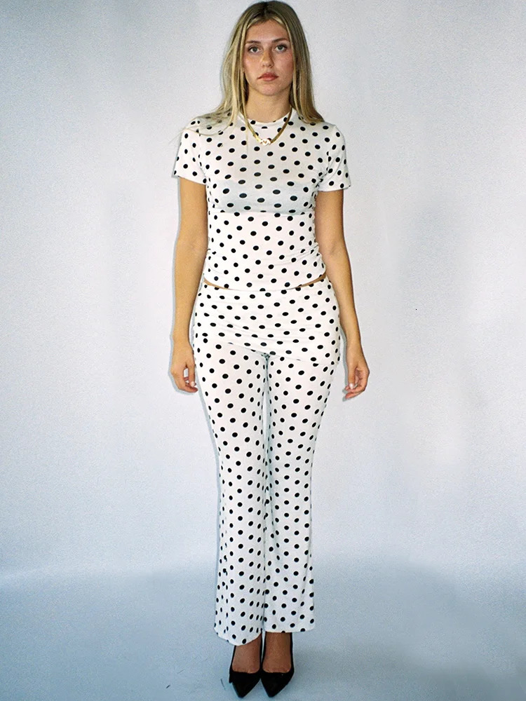 Absobe polka dot flash pants two-piece set womens crew short sleeved crop T-shirt folding splicing workwear Y2K casual set 250415