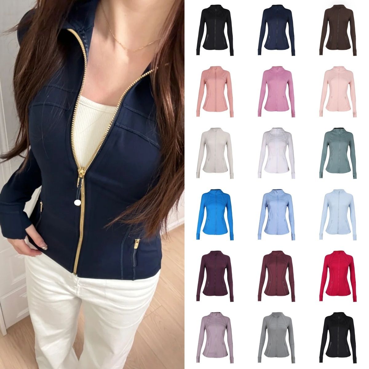 2026 Lulemonmen women Gold zipper Yoga long clothes sleeves Jacket Outfit Solid Color Nude Sports Shaping Waist Fitness Jogging Sportswear For Lady Define Leggings