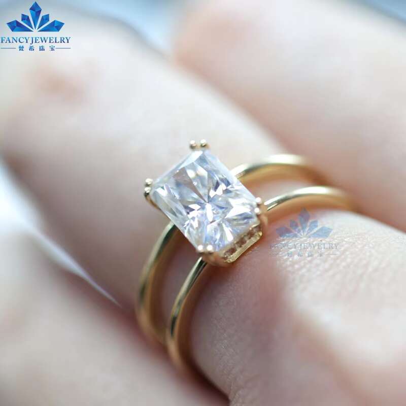AU750 18K Yellow Gold 1.5CT Radiant Cut Moissanite Custom Solitaire Double Band Engagement Ring