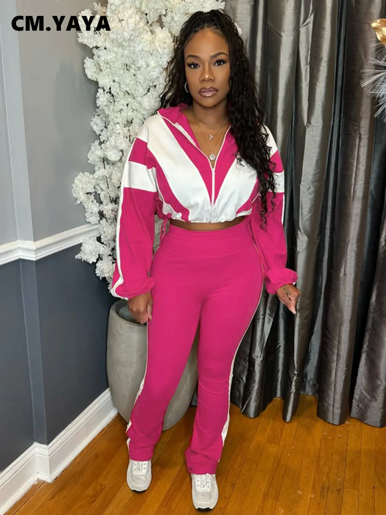 CM.YAYA Active Patchwork Womens Set Zipper Sweatshirt Jacket and Long Pants Suit 2025 Sporty Two 2 Piece Sets Outfit Tracksuit 250410