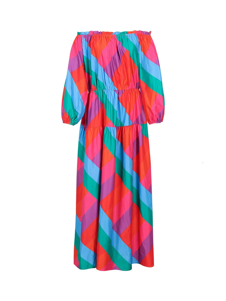 Large size womens 2025 summer sexy printed strapless long sleeved dress with colorful polyester on sale 250407