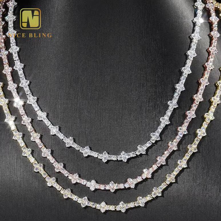 4mm Tennis Chain Wholesale Price 925 Sterling Silver Hip Hop Jewelry Necklace Iced Out VVS Moissanite Diamond Cross Tennis Chain