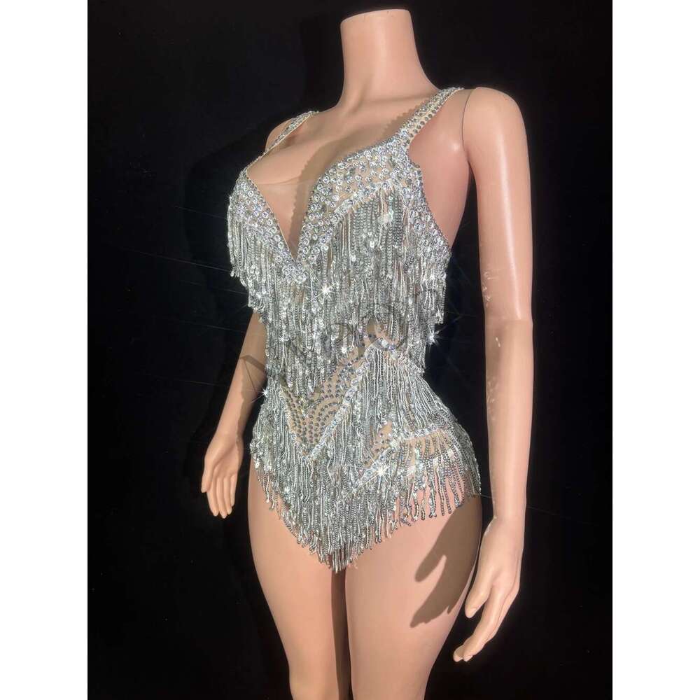 Sparkly Rhies Sequins Tassel Bodysuit For Women Sexy See Through Performance Dance Costume Singer Dancer Stage Wear