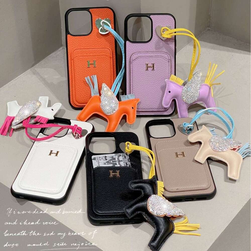 New Apple 17 Compatible with iPhone 13 Lychee Pattern Card Holder Lanyard Pony Phone Case Letter H Trendy