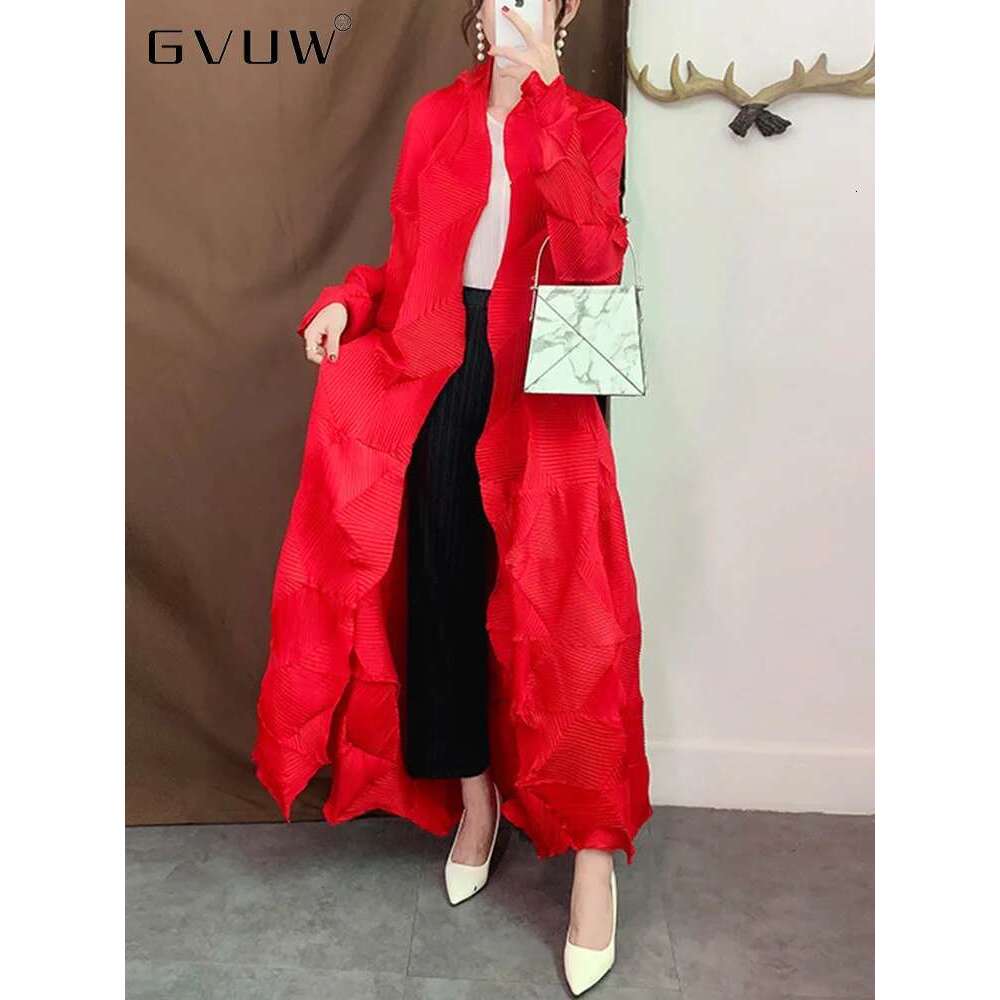 GVUW Pleated Trench Coat Women 2025 Spring Lapel Solid Color Long Sleeve Loose Casual Female Fashion Windbreaker 17D1426