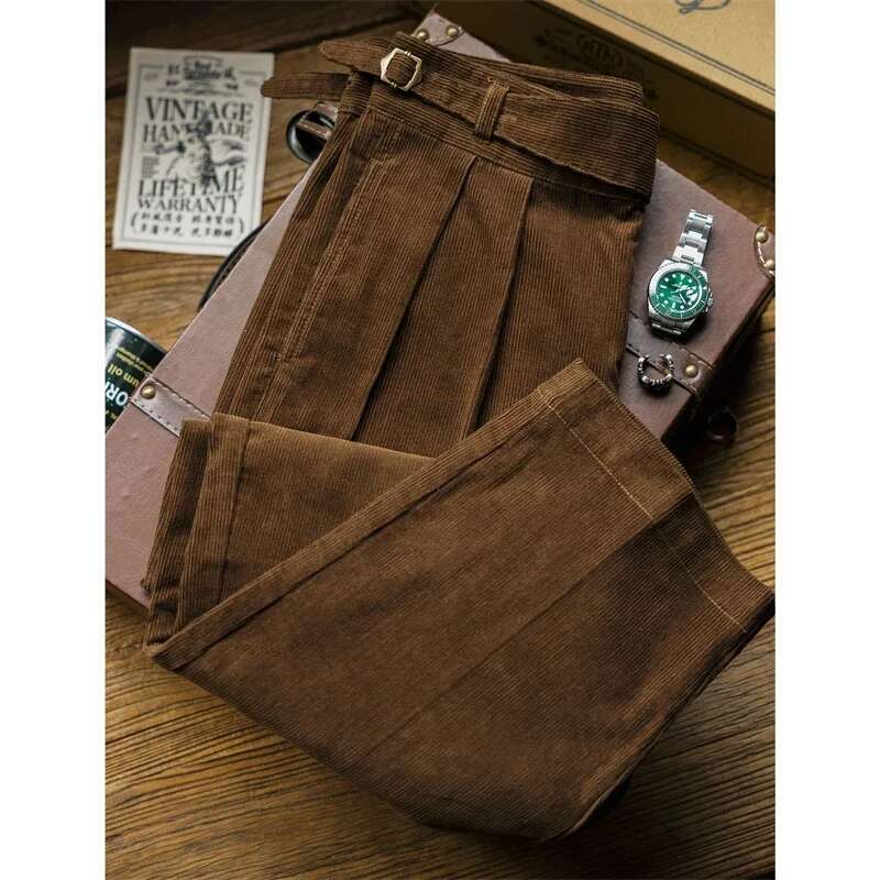 Red Tornado Corduroy Casual Pants in Brown Retro Style Pleated Gurkha Trousers