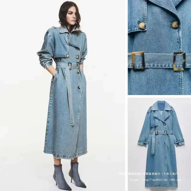 Europe And The United States Autumn New Fashion Street Personality Double Breasted Lapel Casual Long Denim Coat With Belt Women