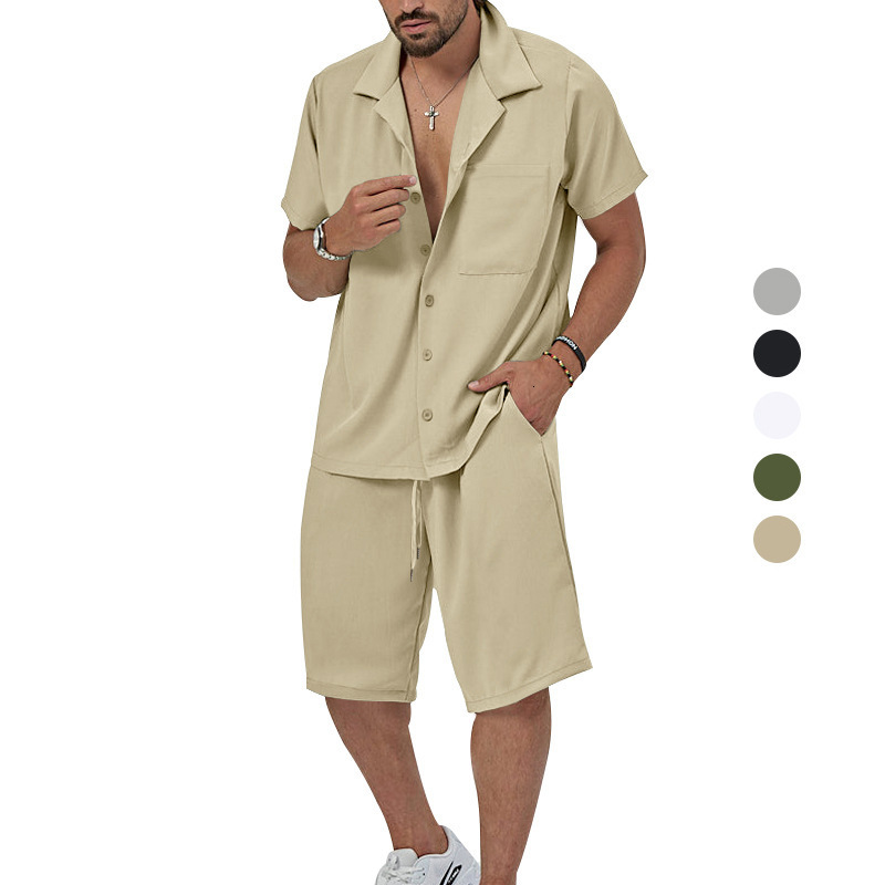 2025 Summer Men's Short sleeved Shorts Set Solid Color Collar Shirt Large Casual Two Piece
