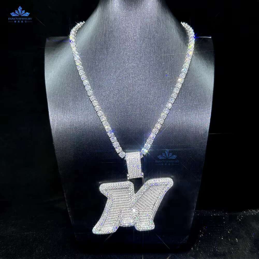Hip Hop Jewelry Mens Iced Out Custom M Letter Pendant 925 Sterling Silver Baguette VVS Moissanite Diamond Name Initial Pendant