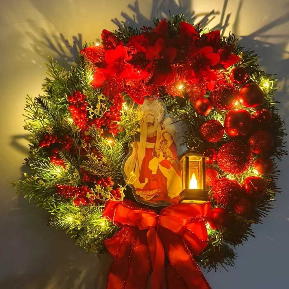 2025 Christmas Garland Luminous Simulated Flower Wreath Pendant Lovely Gloves Shaped Door Sign Navidad New Year Party DecorationM251115