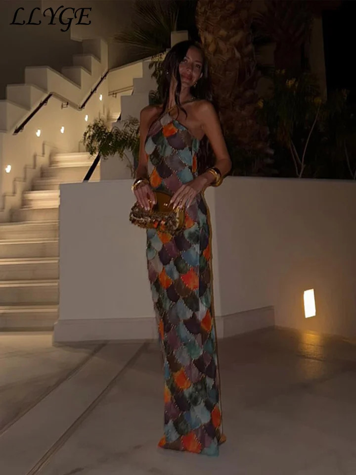 Sexy Print Long Halter Dress Women Sleeveless Backless Hip Package Female Party Dresses 2025 Spring Summer Lady Shiny Robes 250414