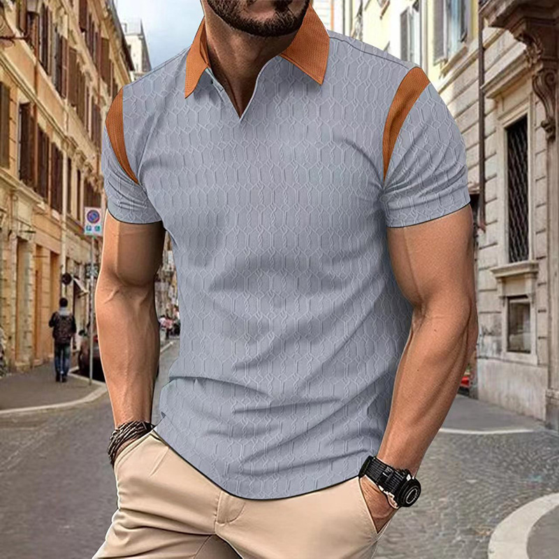 2025 summer new slim fit polo waffle jacquard color blocked lapel men's short sleeved shirt