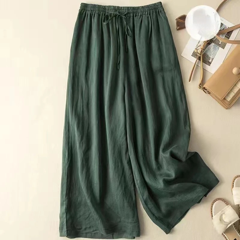 Fashionable cotton linen wide leg pants loose straight ankle length leather casual high waisted 2024 summer womens 250414Z