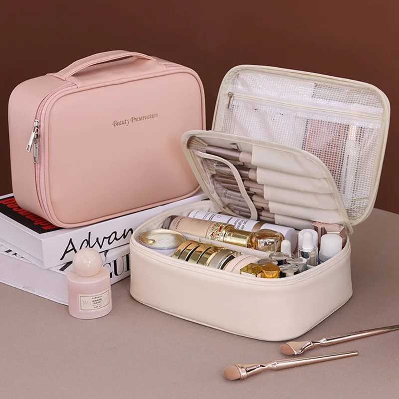 PU large capacity handbag makeup bag portable travel organizer Tolietry cosmetics storage bag luxury womens double-layer bagXJ250415