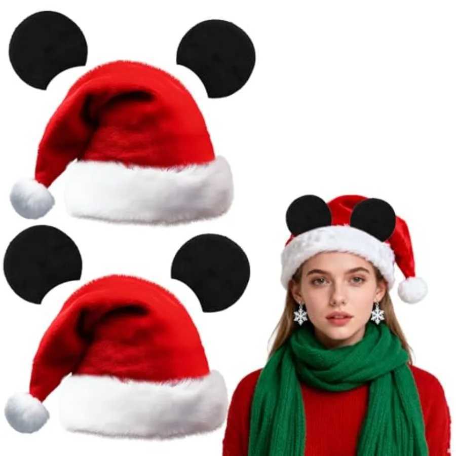 2 Pack Festive Christmas Mouse Santa Hat with Removable Black Ears for Adults Perfect Holiday Party Decoration for New Year and Y251115