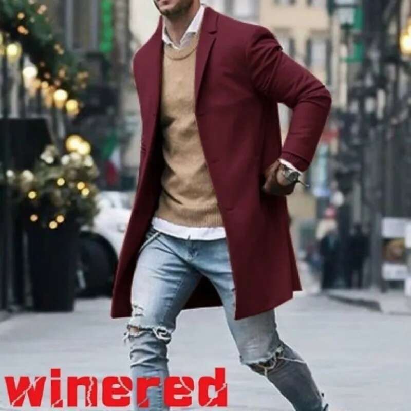 2023 Autumn/Winter New Solid Color Men's Mid Length Woolen Coat Slim Fit Large Single Breasted Windbreaker