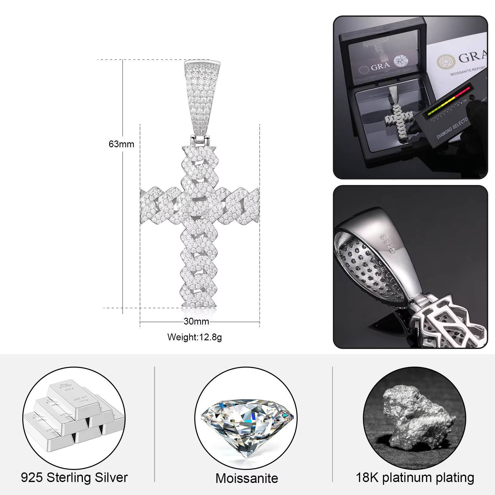 Dropshipping Punk Style Hip Hop Jewelry 925 Sterling Silver Lab VVS Moissanite Iced Out Cuban Cross Pendant Necklace for Gift